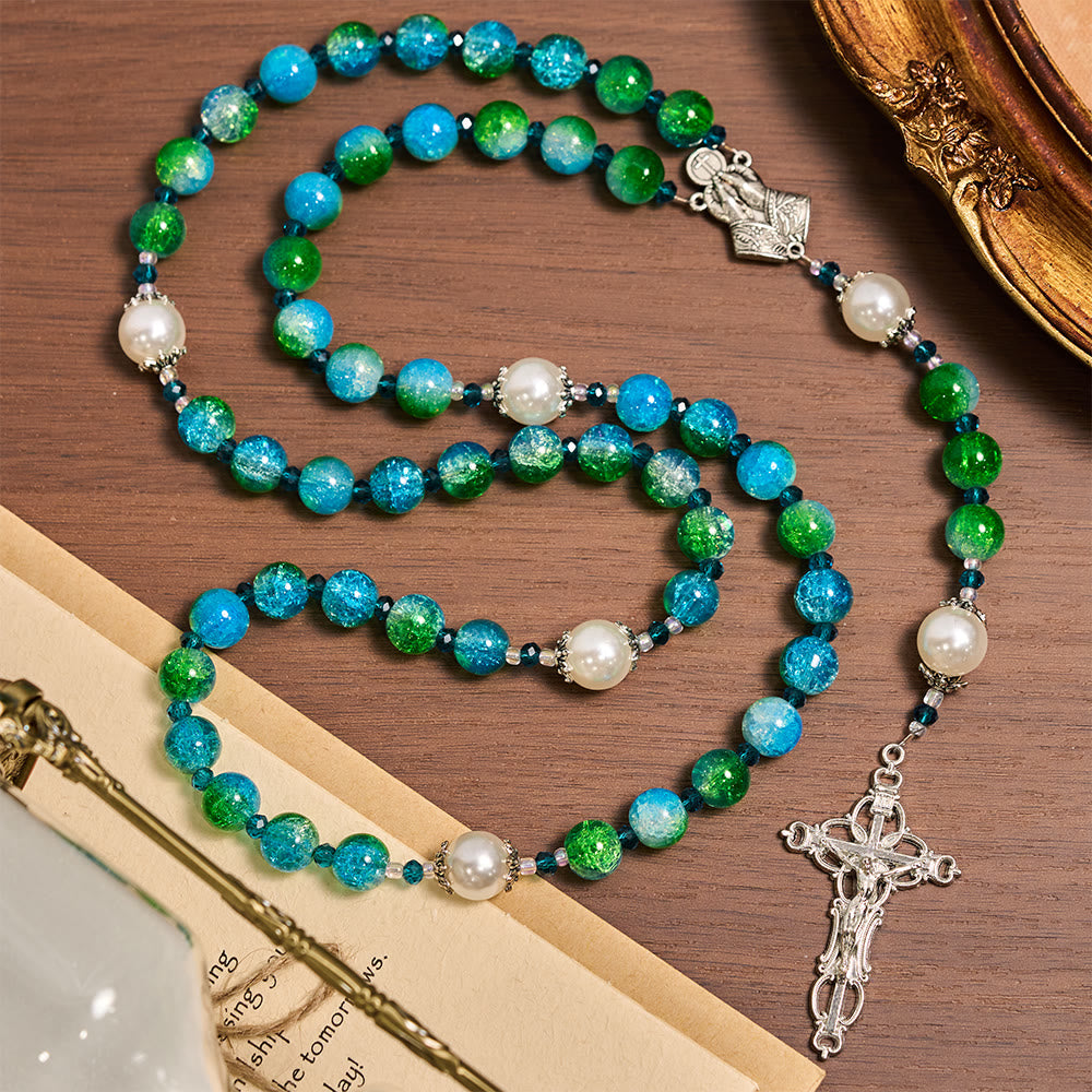 Blue Green Gradient Glass Rosary with Praying Hands & Crucifix
