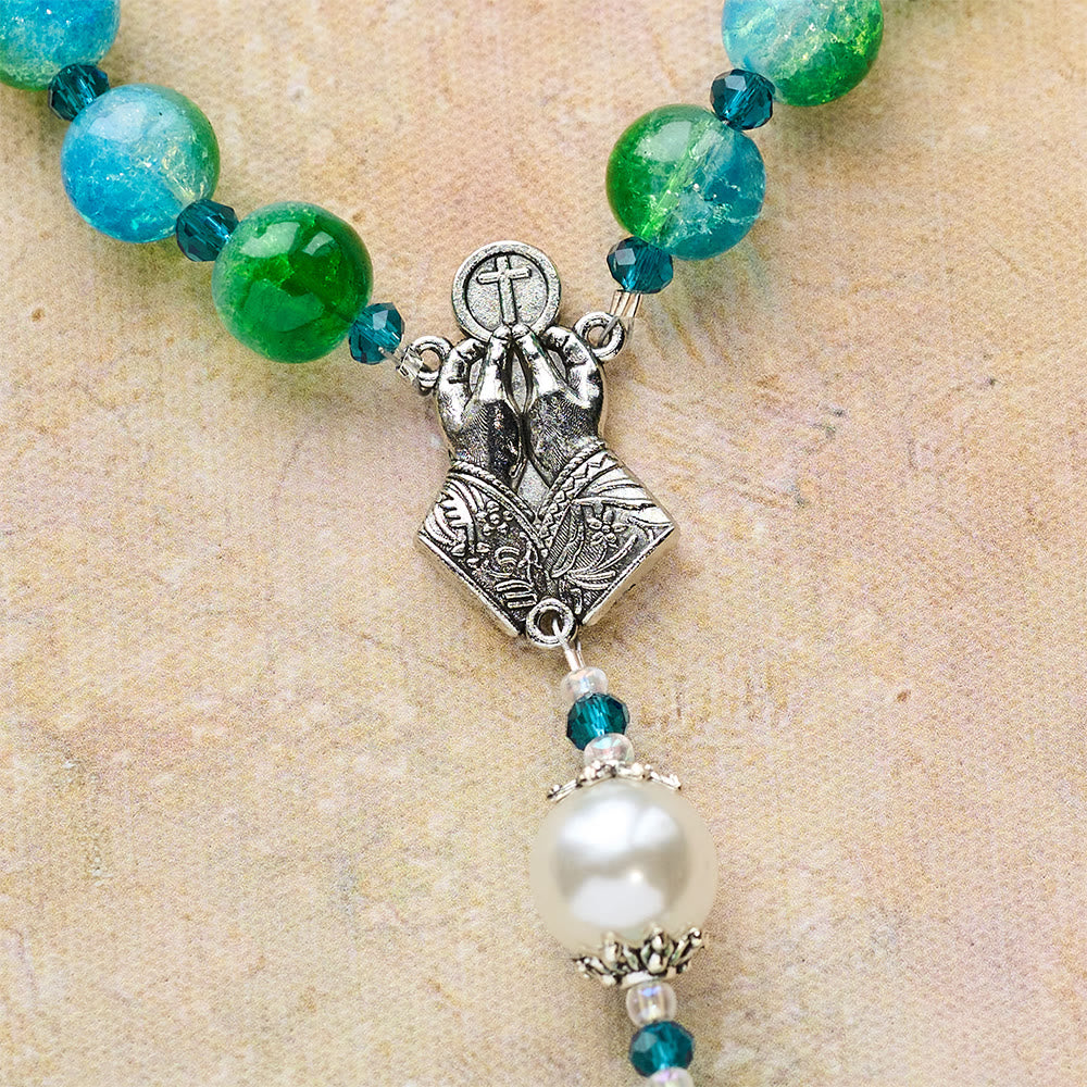 Blue Green Gradient Glass Rosary with Praying Hands & Crucifix