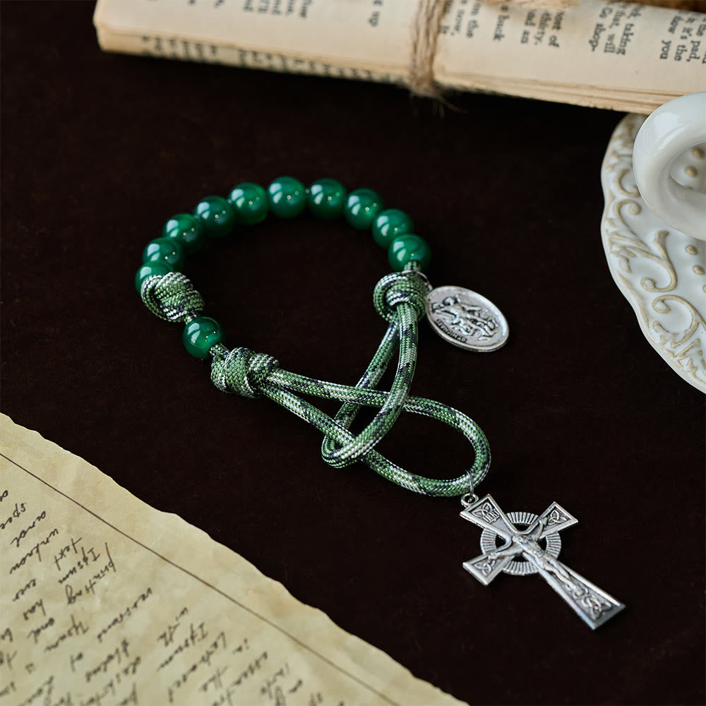Green Aventurine Easter Pocket Rosary with St. Michael Pendant and Celtic Cross