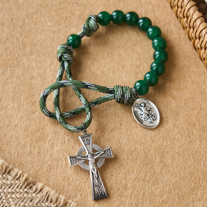 Green Aventurine Easter Pocket Rosary with St. Michael Pendant and Celtic Cross