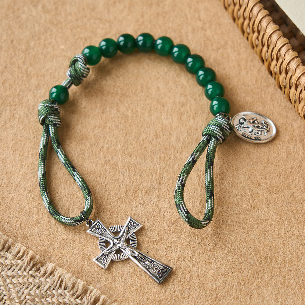 Green Aventurine Easter Pocket Rosary with St. Michael Pendant and Celtic Cross