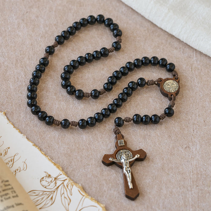 Vintage Black Wood Rosary with St. Benedict Protection