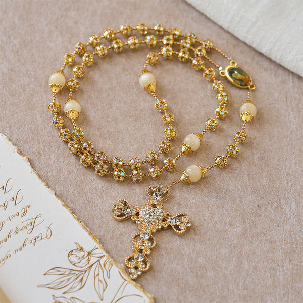 Sparkling Golden Beads Luxury Rosary with Our Lady of Grace