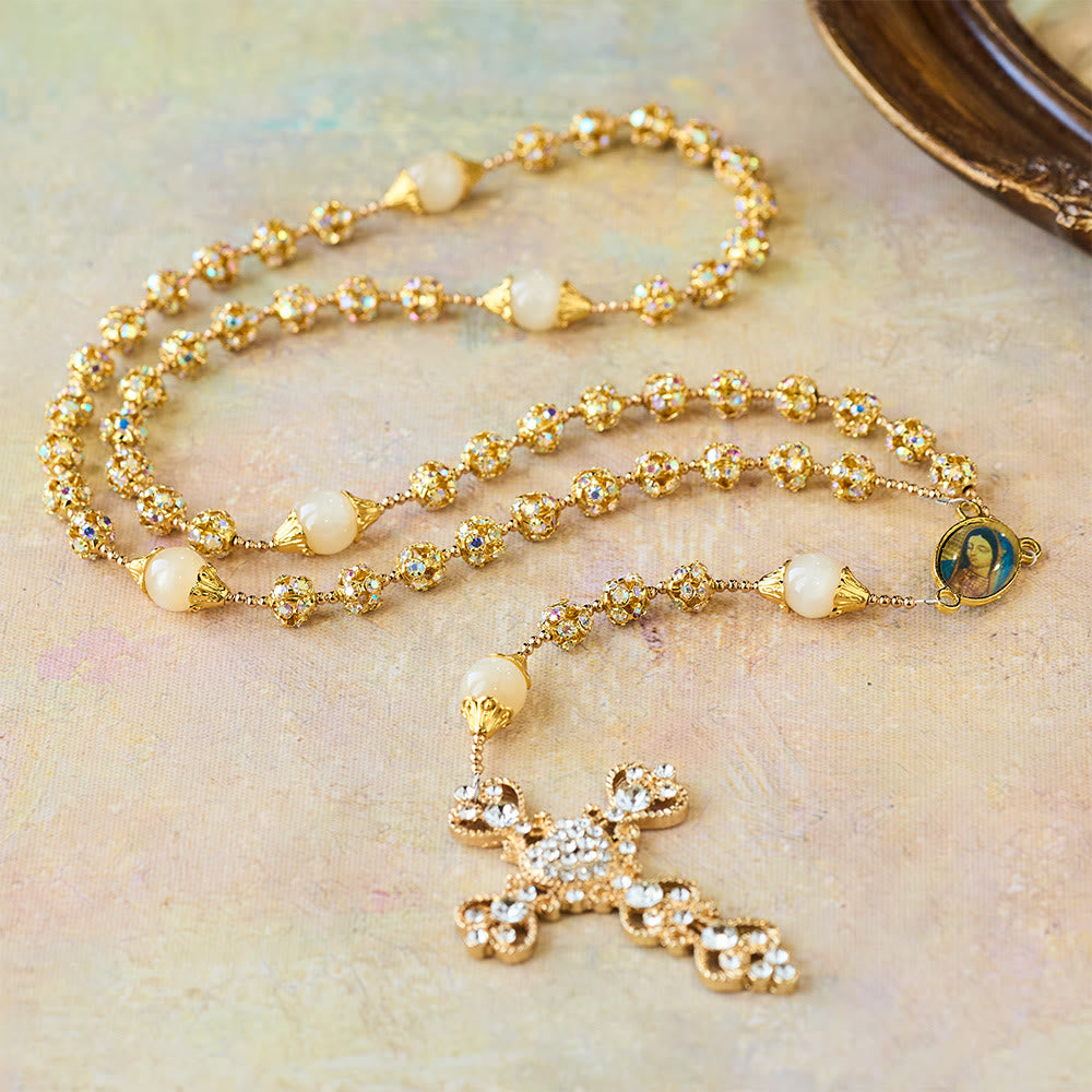 Sparkling Golden Beads Luxury Rosary with Our Lady of Grace