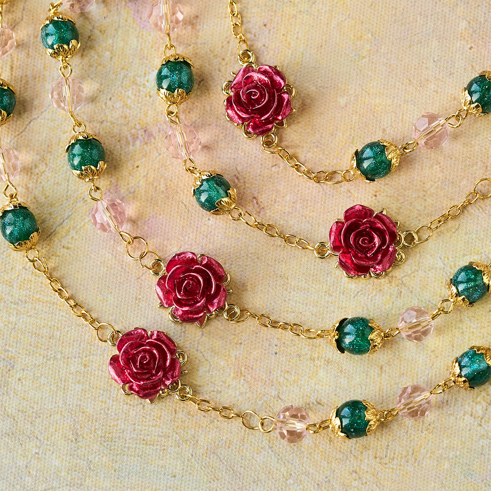 Sparkling Green & Pink Beads Red Rose Rosary with Our Lady Charm