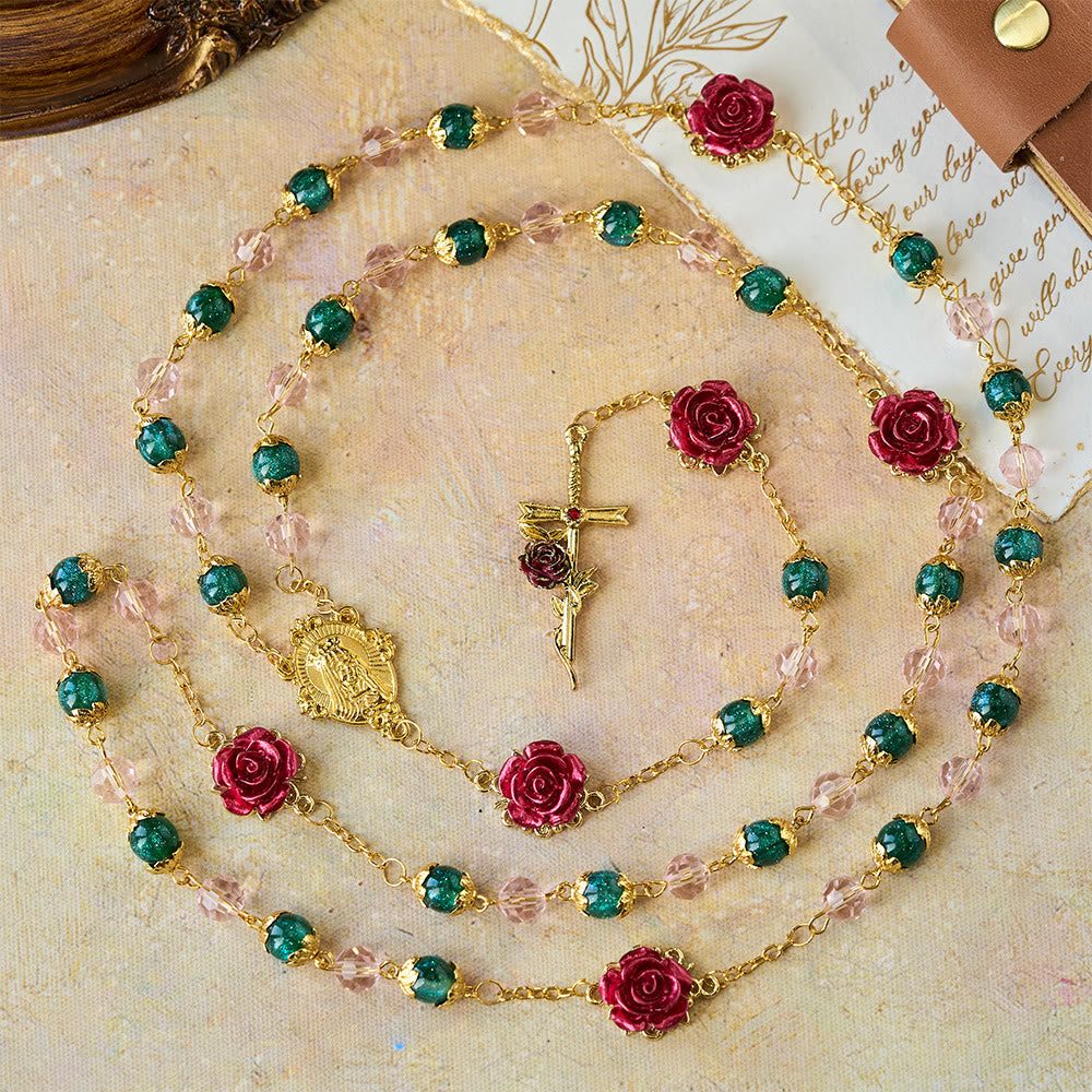 Sparkling Green & Pink Beads Red Rose Rosary with Our Lady Charm