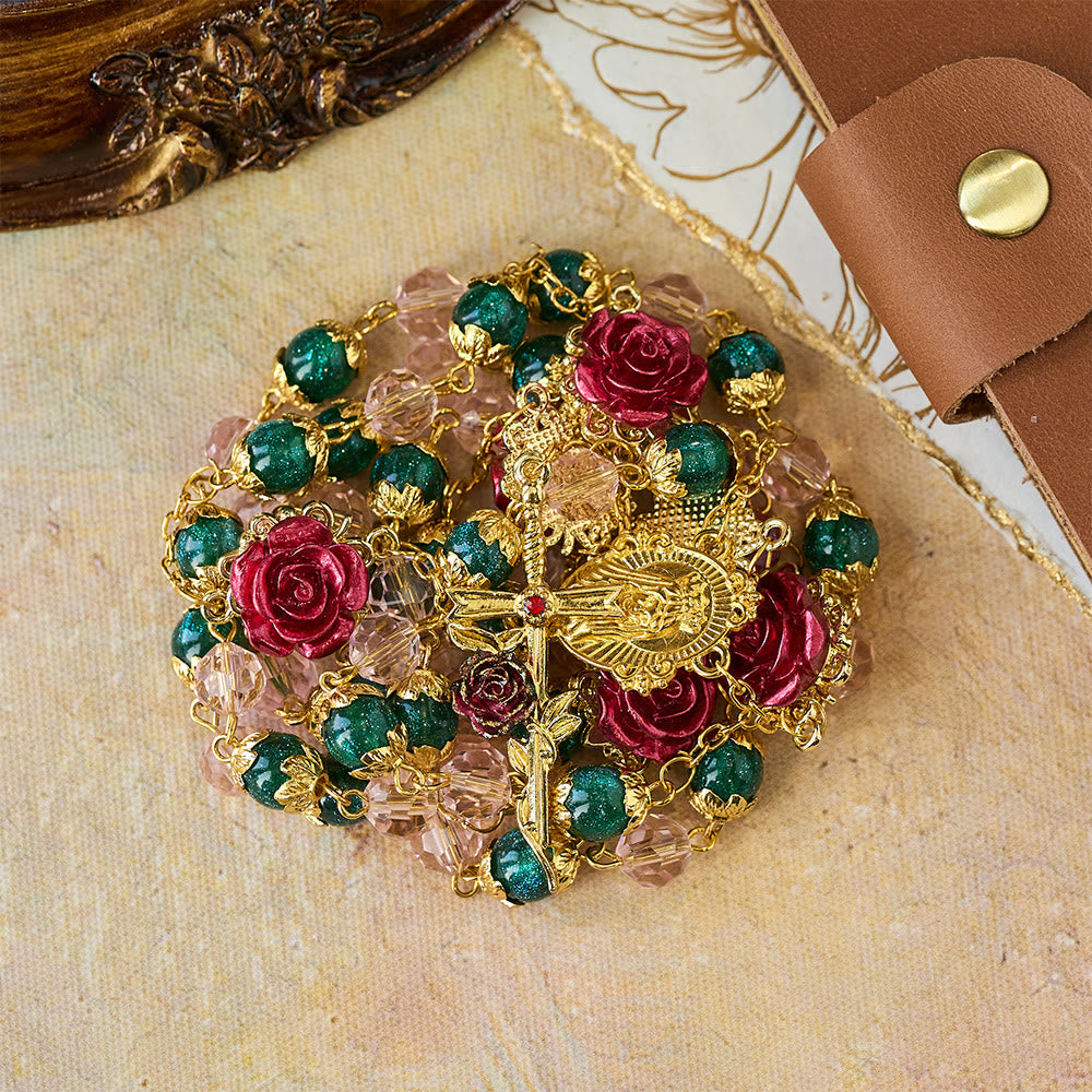 Sparkling Green & Pink Beads Red Rose Rosary with Our Lady Charm