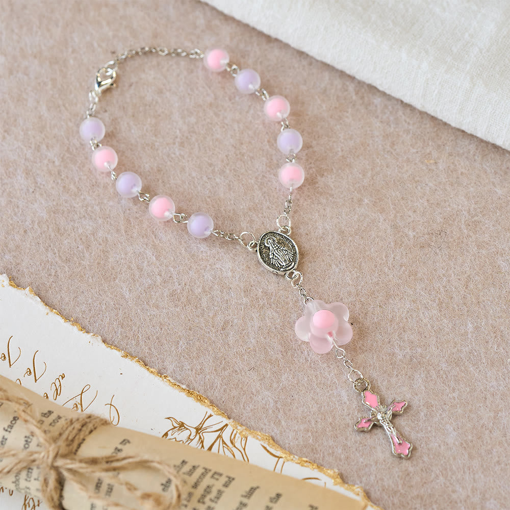 3-Style Pastel Pocket Rosary with Flower Charm: Silver-Toned Crucifix for Marian Prayer