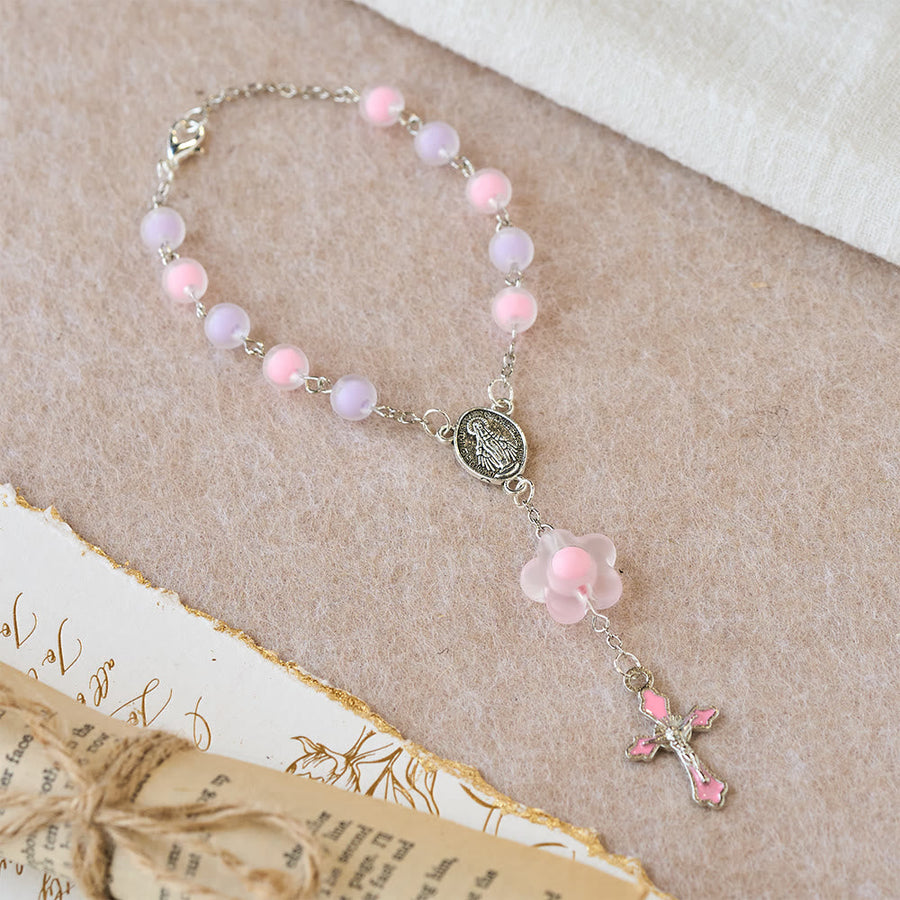 3-Style Pastel Pocket Rosary with Flower Charm: Silver-Toned Crucifix for Marian Prayer