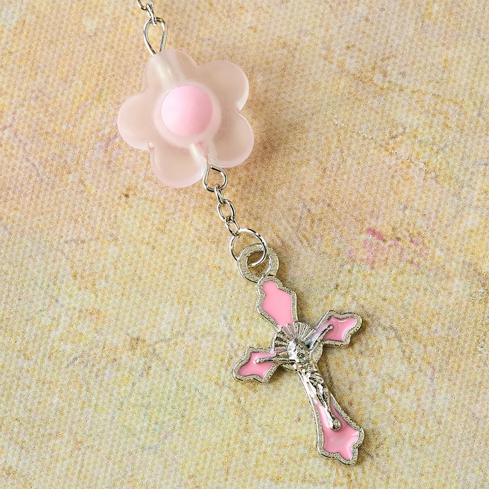 3-Style Pastel Pocket Rosary with Flower Charm: Silver-Toned Crucifix for Marian Prayer