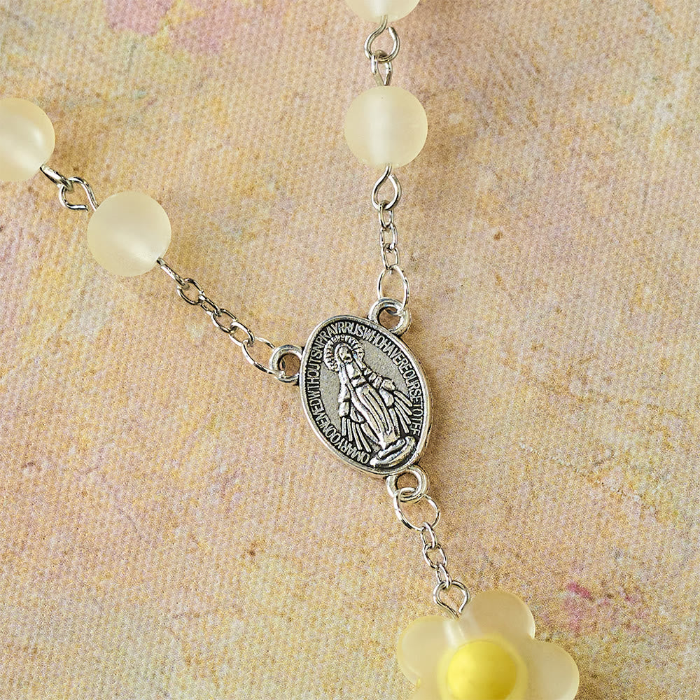 3-Style Pastel Pocket Rosary with Flower Charm: Silver-Toned Crucifix for Marian Prayer