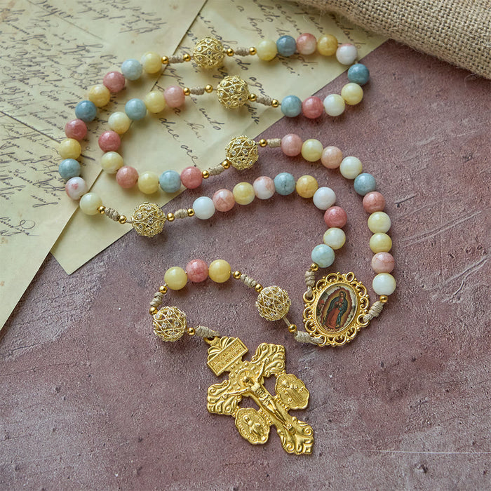 Pastel Hue Rosary with Gold Filigree: Enamel Our Lady Medallion Design