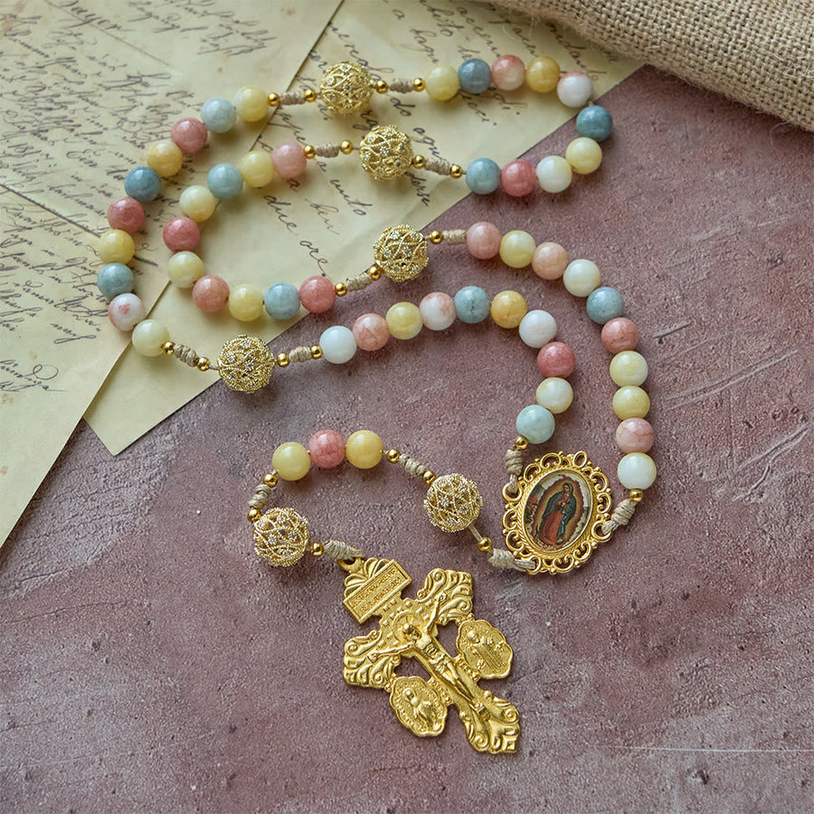 Pastel Hue Rosary with Gold Filigree: Enamel Our Lady Medallion Design