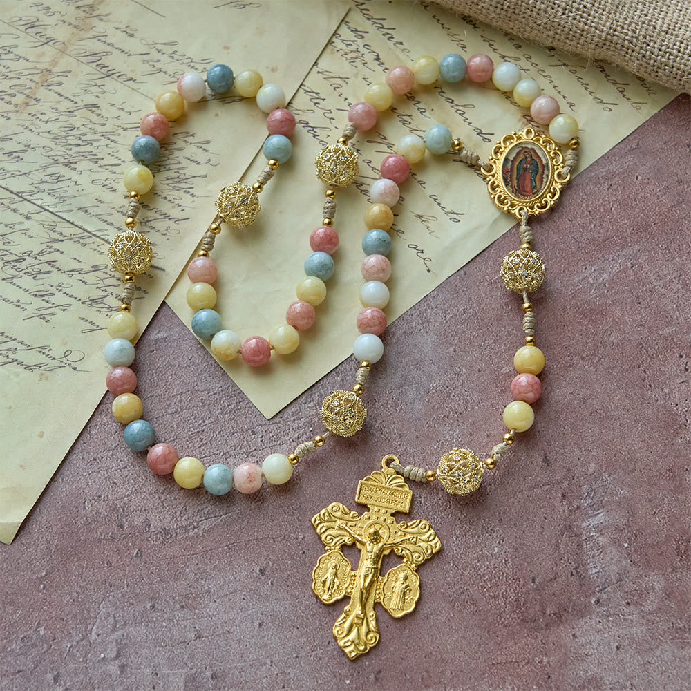 Pastel Hue Rosary with Gold Filigree: Enamel Our Lady Medallion Design
