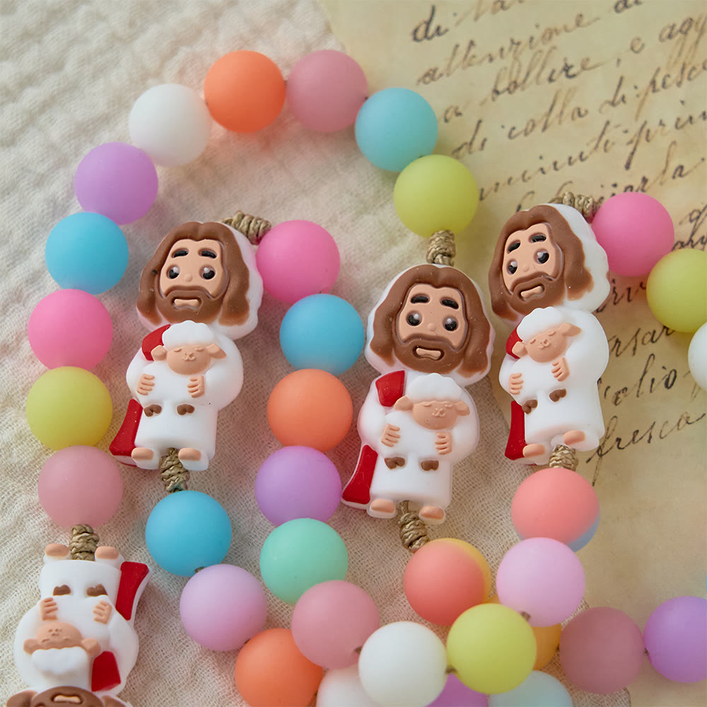 Pastel Silicone Bead with Cartoon Jesus Icon Accents Rosary: A Symbol of Childlike Faith & Divine Joy