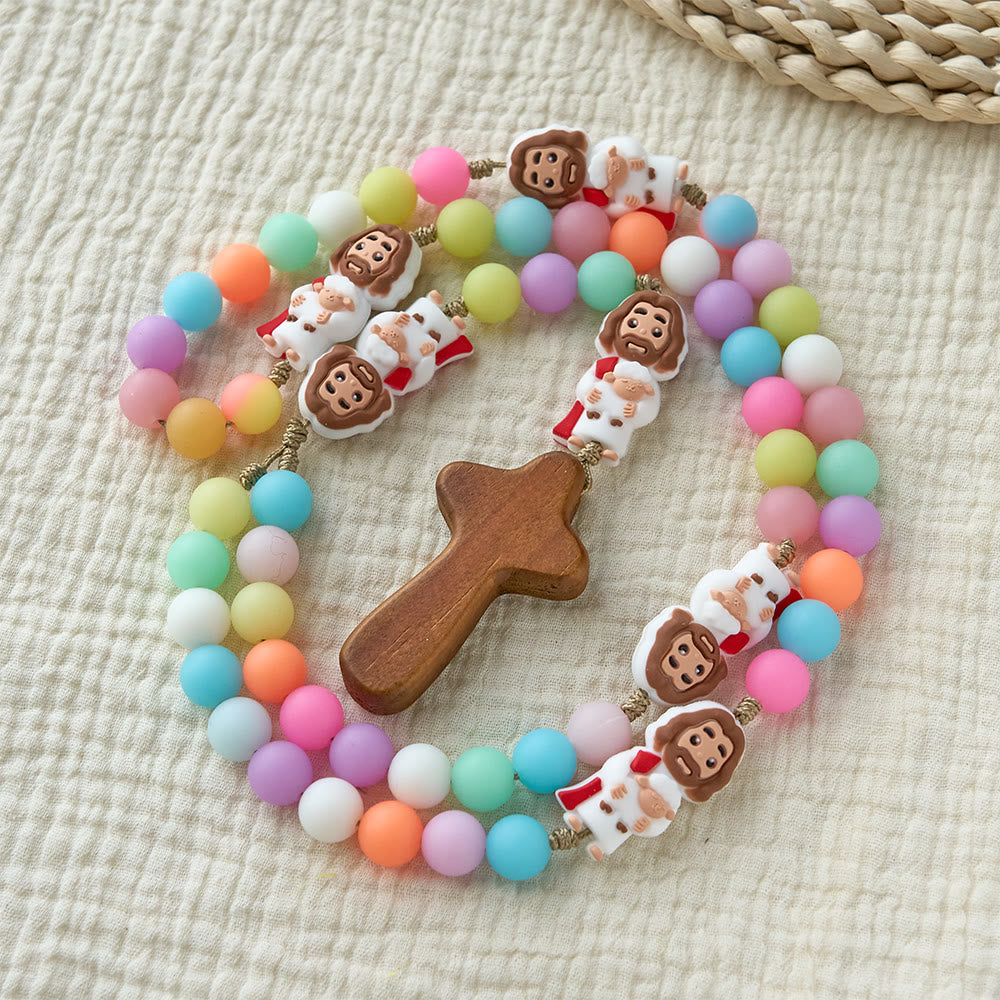 Pastel Silicone Bead with Cartoon Jesus Icon Accents Rosary: A Symbol of Childlike Faith & Divine Joy