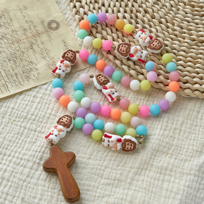 Pastel Silicone Bead with Cartoon Jesus Icon Accents Rosary: A Symbol of Childlike Faith & Divine Joy