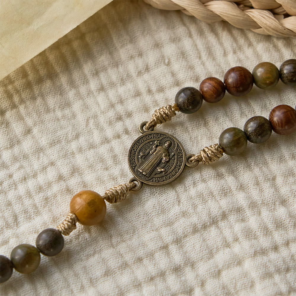 Sandalwood Beads Rosary with St. Benedict & Crucifix: Bronze Medallion Design