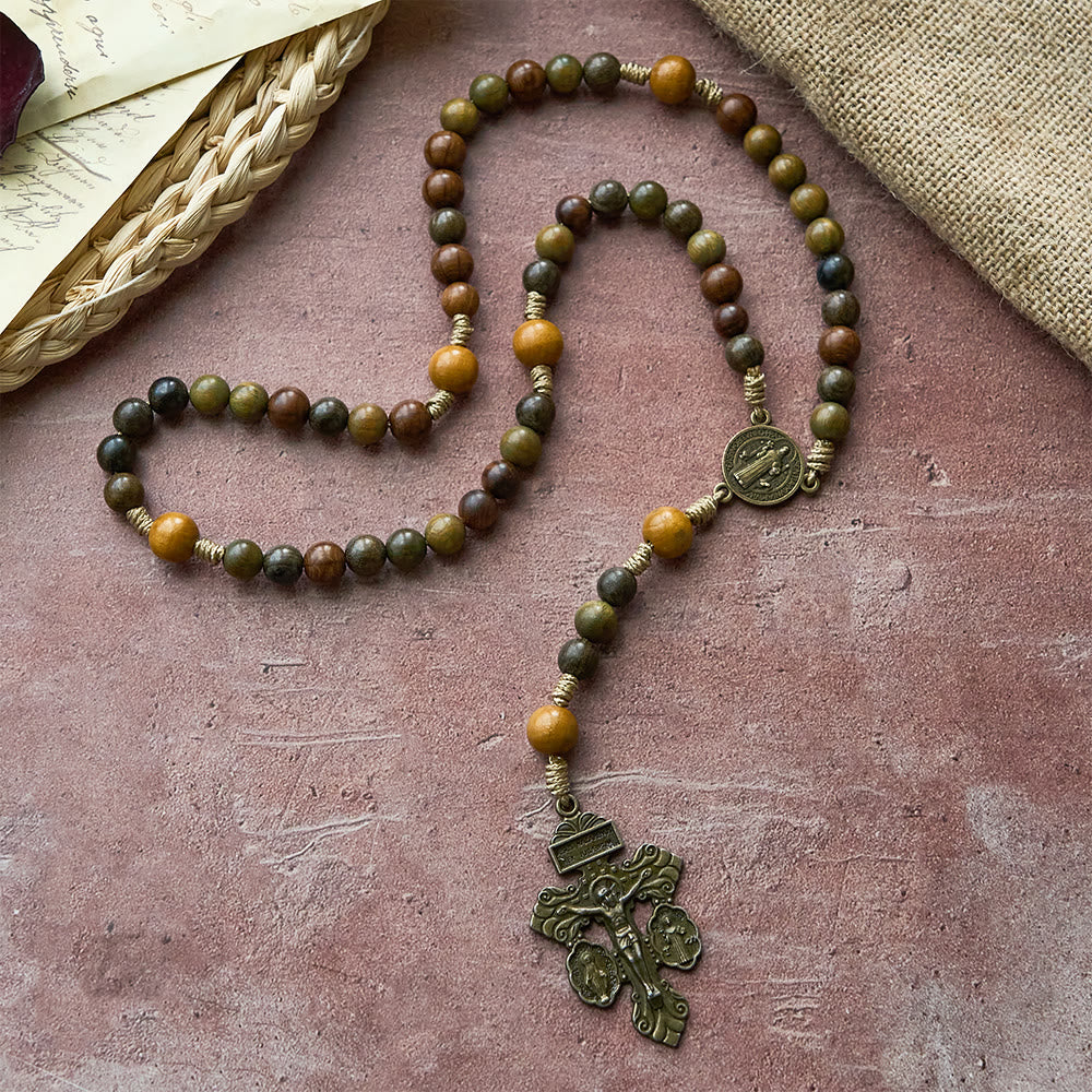 Sandalwood Beads Rosary with St. Benedict & Crucifix: Bronze Medallion Design
