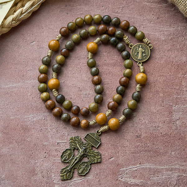Sandalwood Beads Rosary with St. Benedict & Crucifix: Bronze Medallion Design