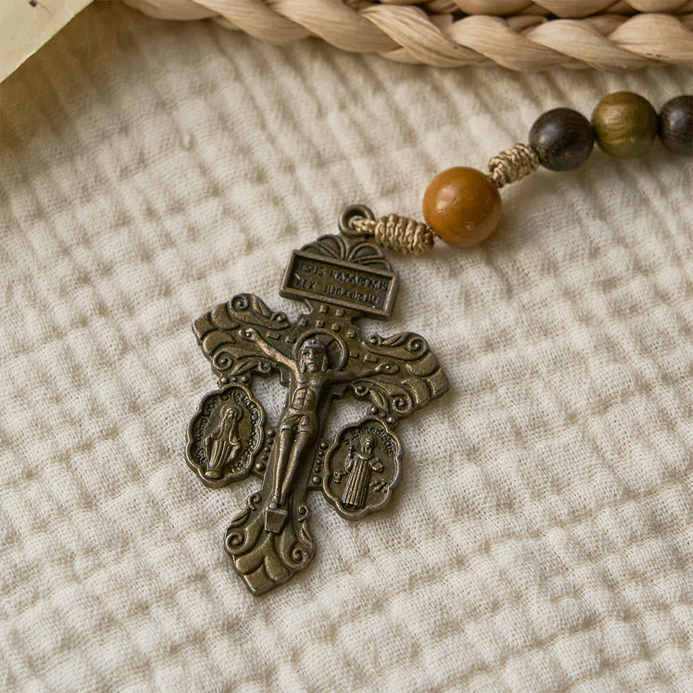 Sandalwood Beads Rosary with St. Benedict & Crucifix: Bronze Medallion Design