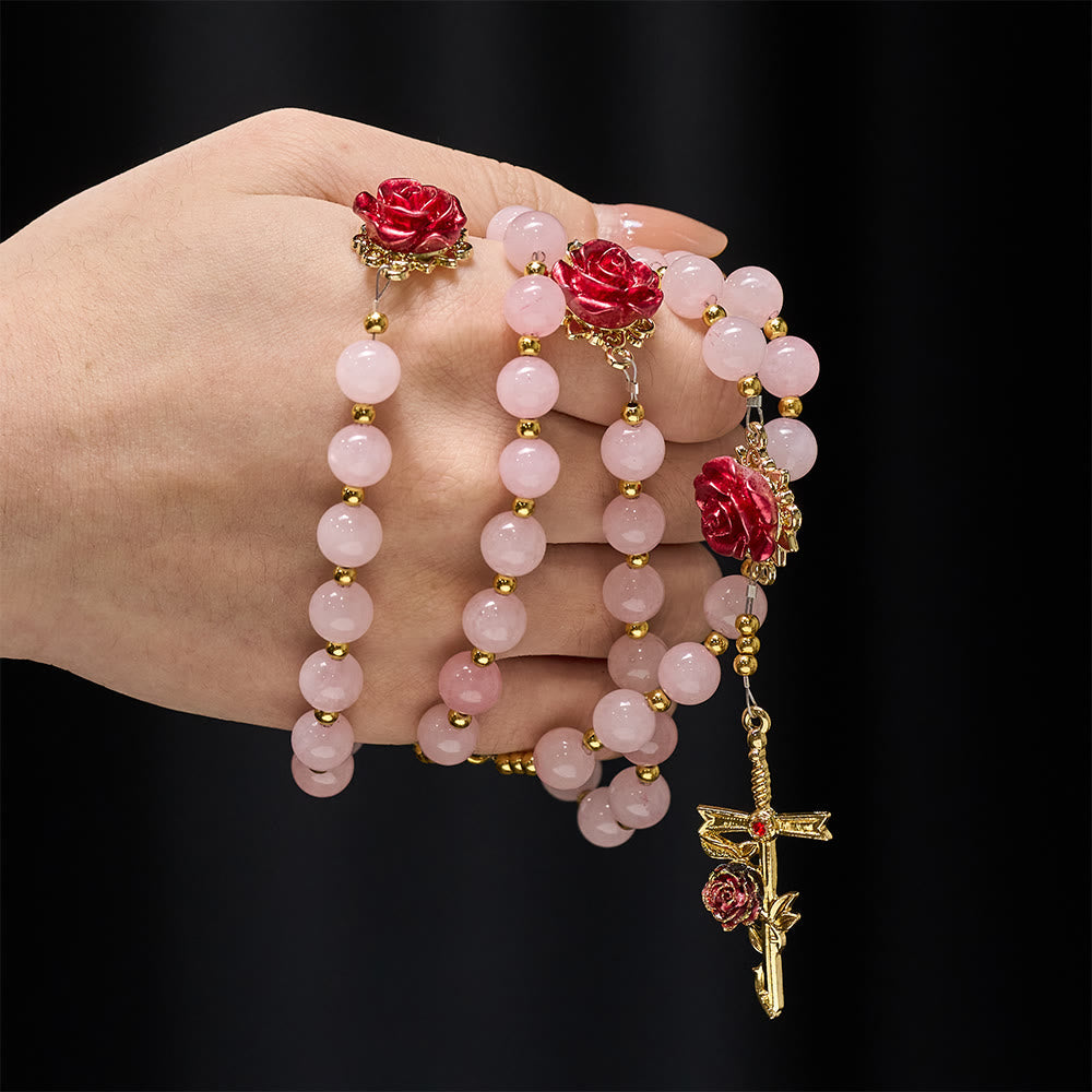 Rose Quartz Rosary with Enamel Roses: A Symbol of Faith & Unfailing Love