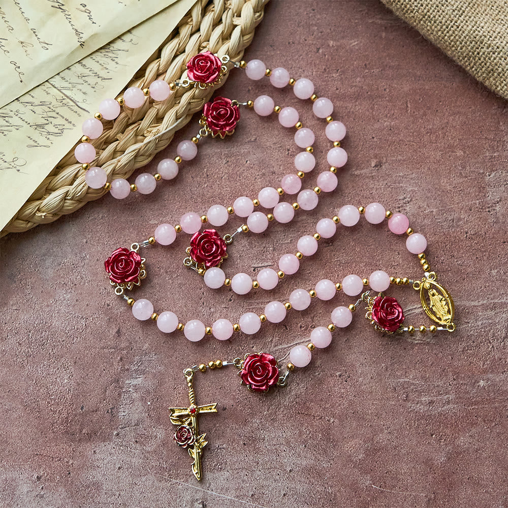 Rose Quartz Rosary with Enamel Roses: A Symbol of Faith & Unfailing Love
