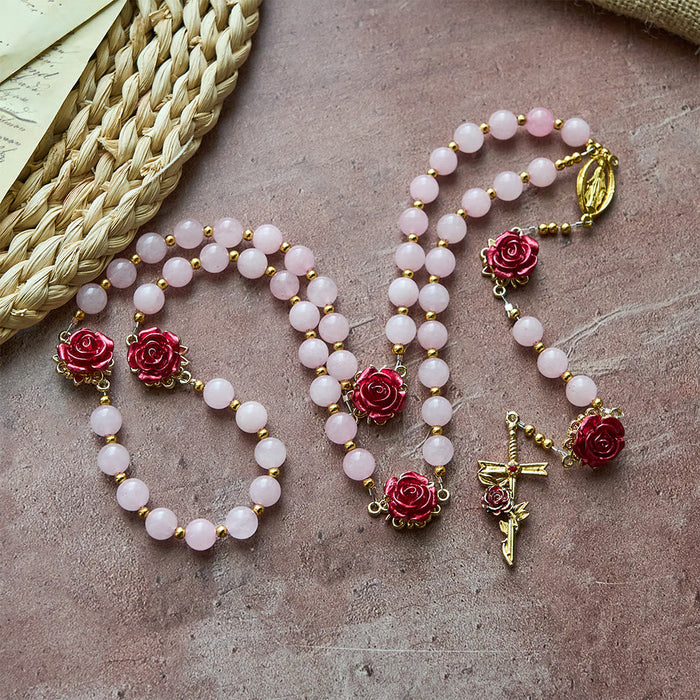 Rose Quartz Rosary with Enamel Roses: A Symbol of Faith & Unfailing Love