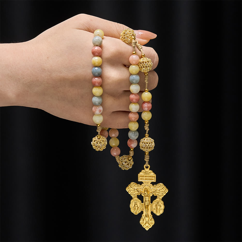 Pastel Hue Rosary with Gold Filigree: Enamel Our Lady Medallion Design