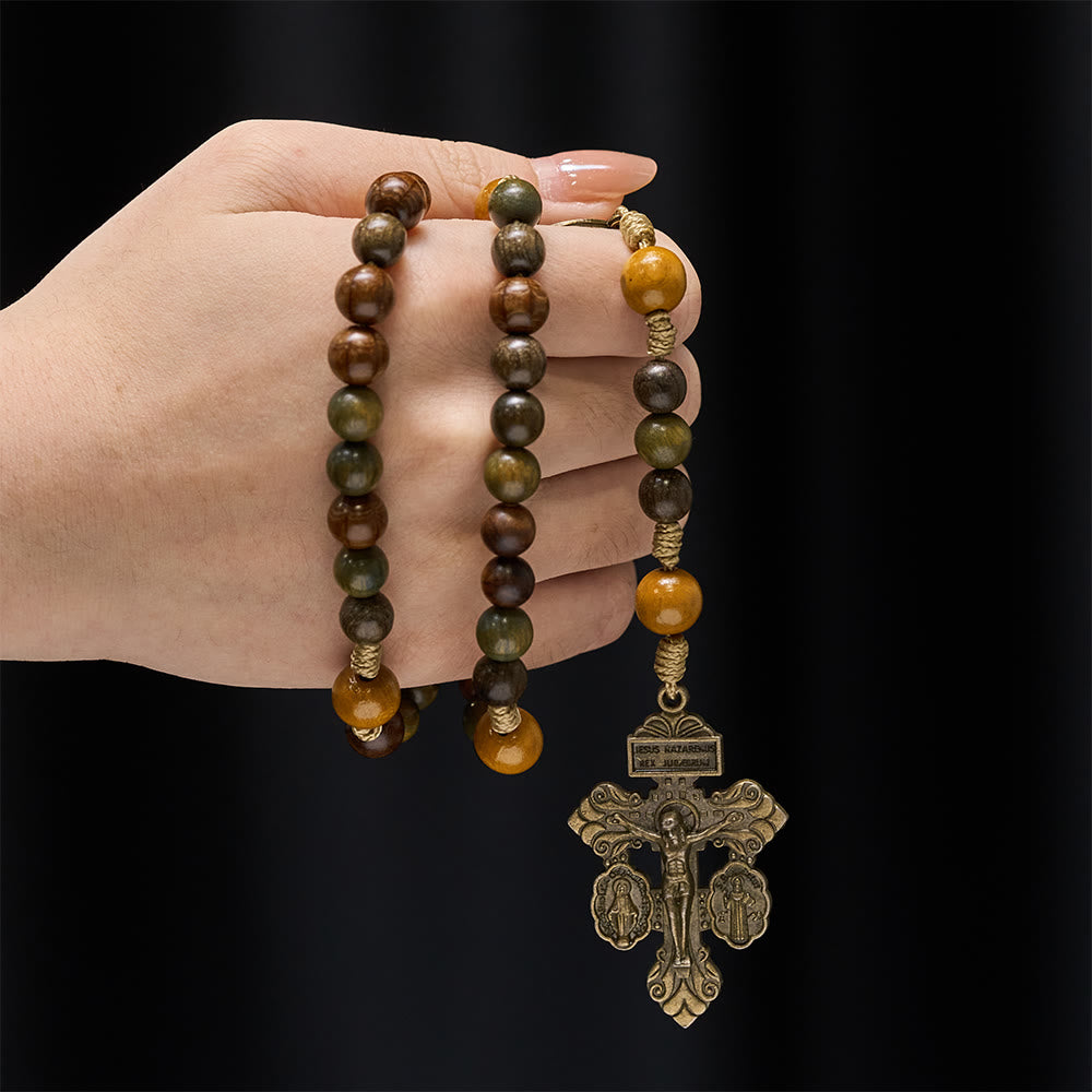 Sandalwood Beads Rosary with St. Benedict & Crucifix: Bronze Medallion Design