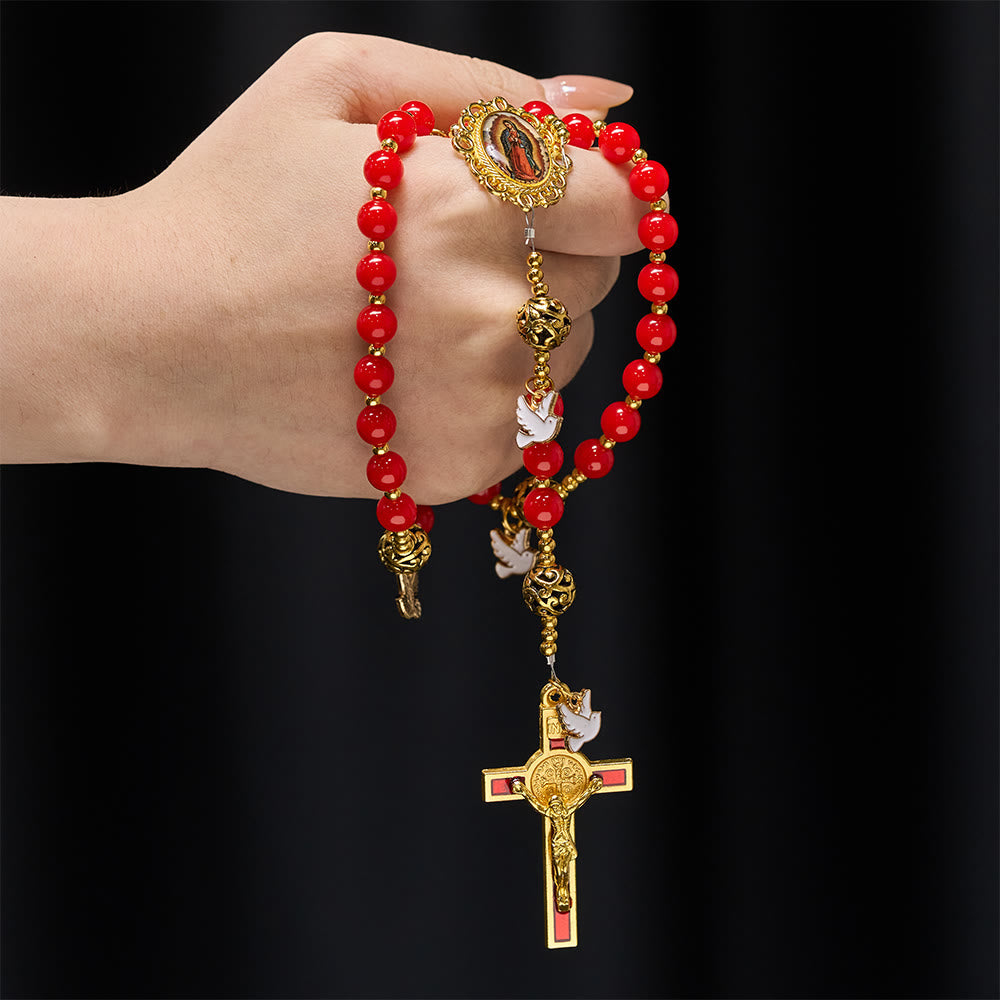 Holy Spirit Dove Rosary: Red Beads & Gold-Tone Crucifix for Prayerful Devotion