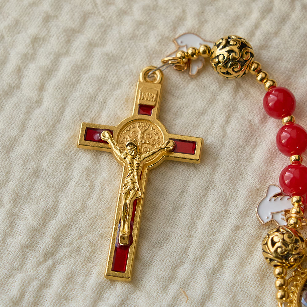 Holy Spirit Dove Rosary: Red Beads & Gold-Tone Crucifix for Prayerful Devotion