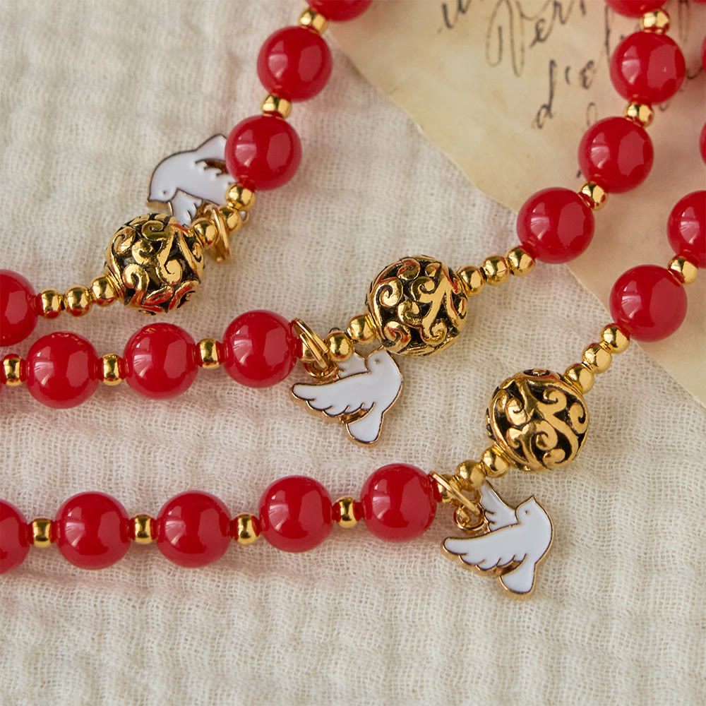 Holy Spirit Dove Rosary: Red Beads & Gold-Tone Crucifix for Prayerful Devotion