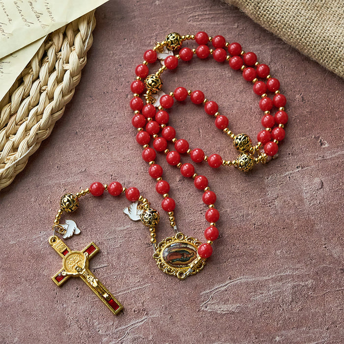 Holy Spirit Dove Rosary: Red Beads & Gold-Tone Crucifix for Prayerful Devotion
