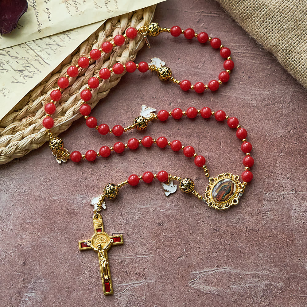Holy Spirit Dove Rosary: Red Beads & Gold-Tone Crucifix for Prayerful Devotion