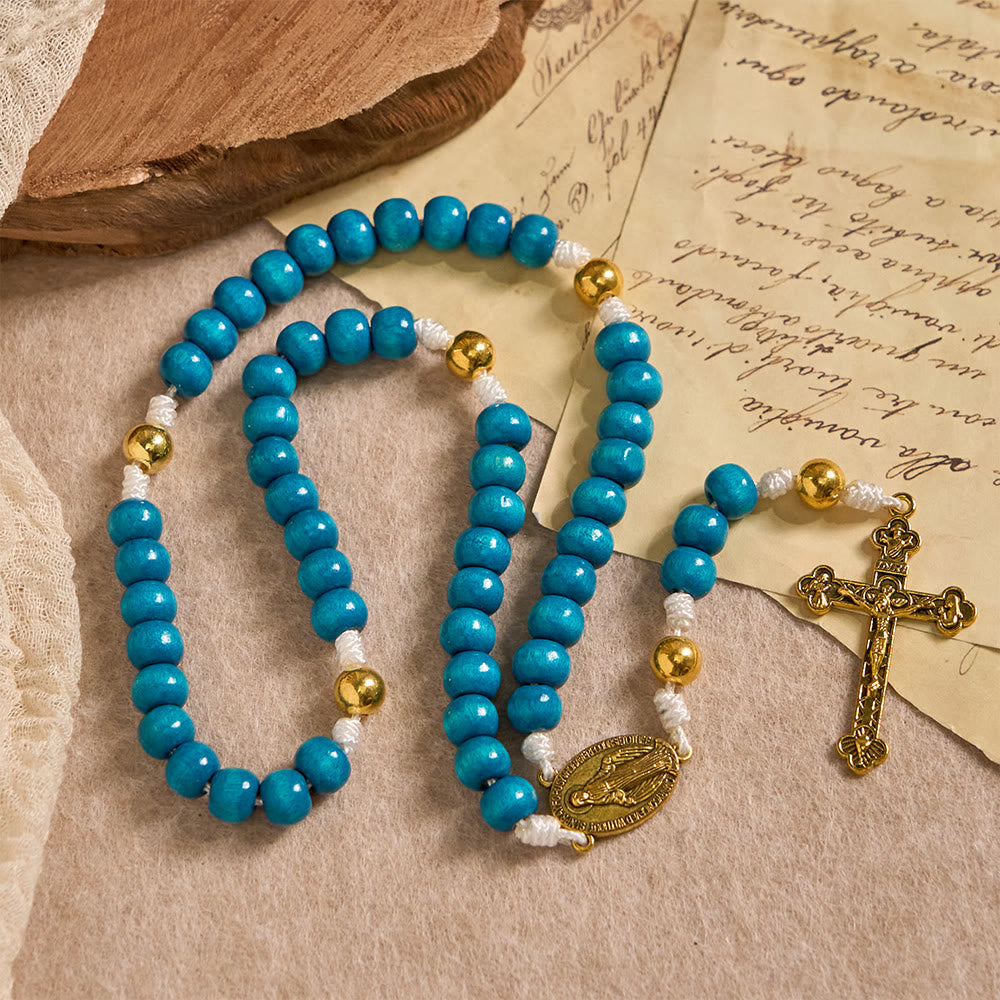 Blue Wooden Bead Rosary with Our Lady Medallion: A Symbol of Grace and Divine Faith