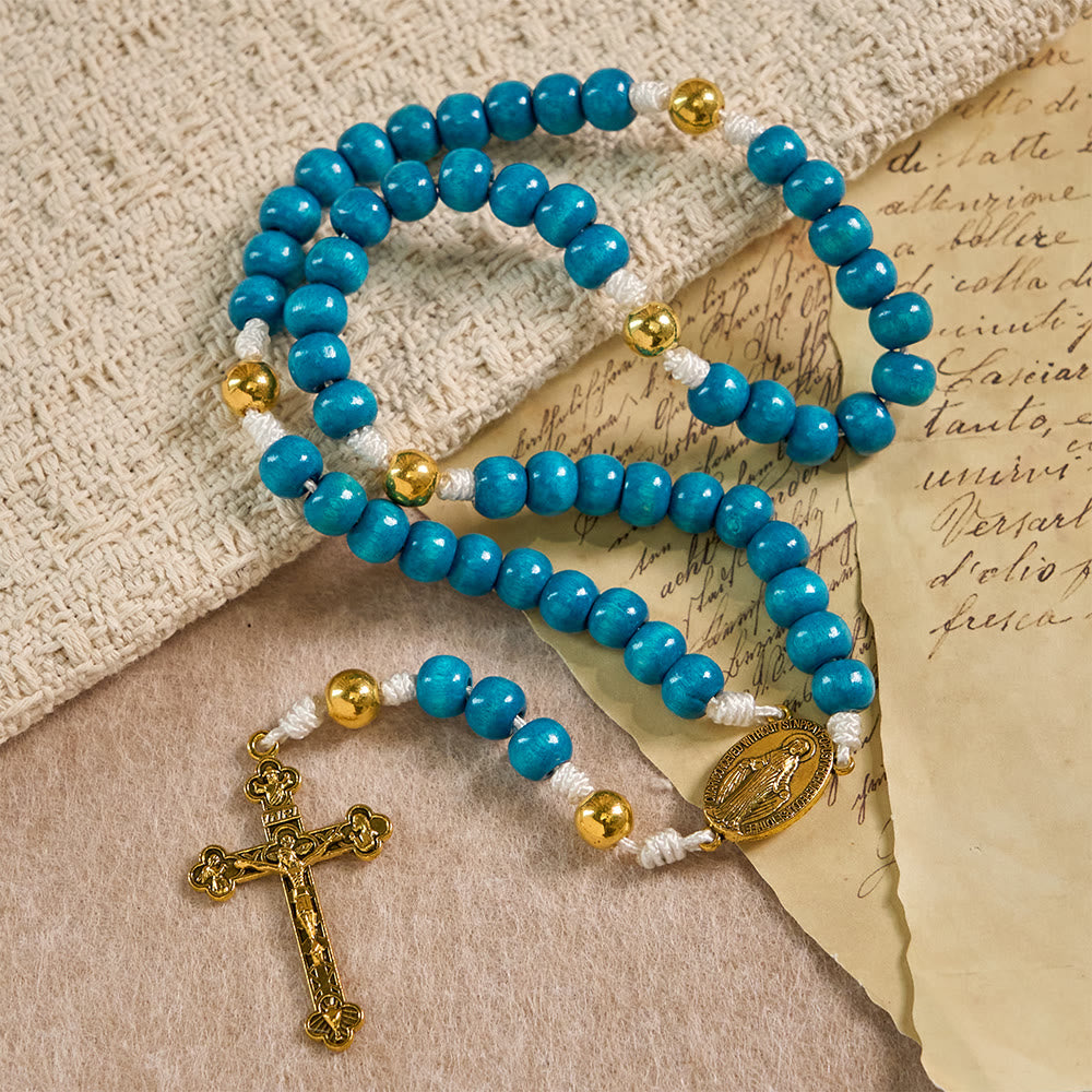 Blue Wooden Bead Rosary with Our Lady Medallion: A Symbol of Grace and Divine Faith