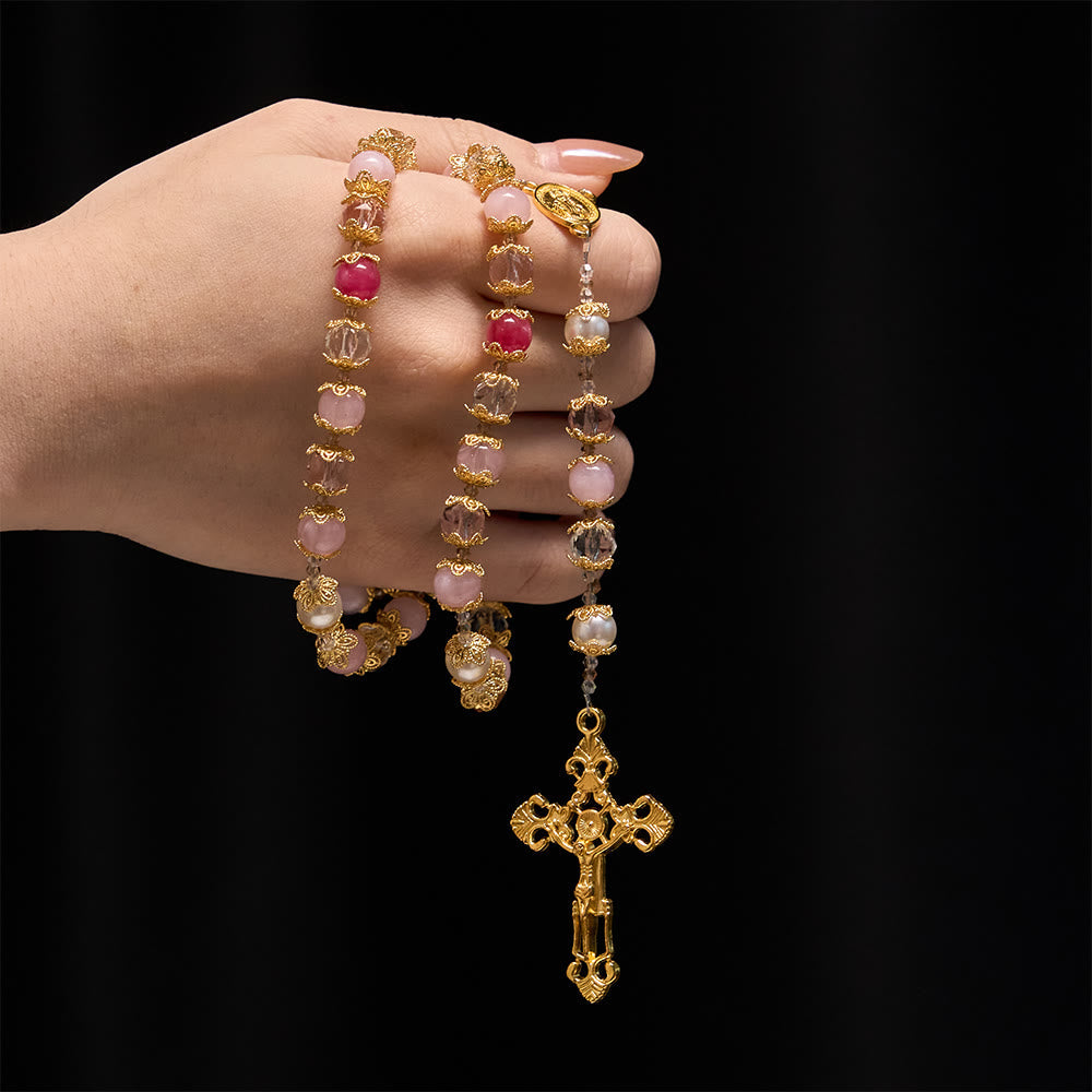 Pink-Tone Glass Devotion Rosary with Our Lady Medal & Crucifix: Sacred Love Woven in Elegant Craft