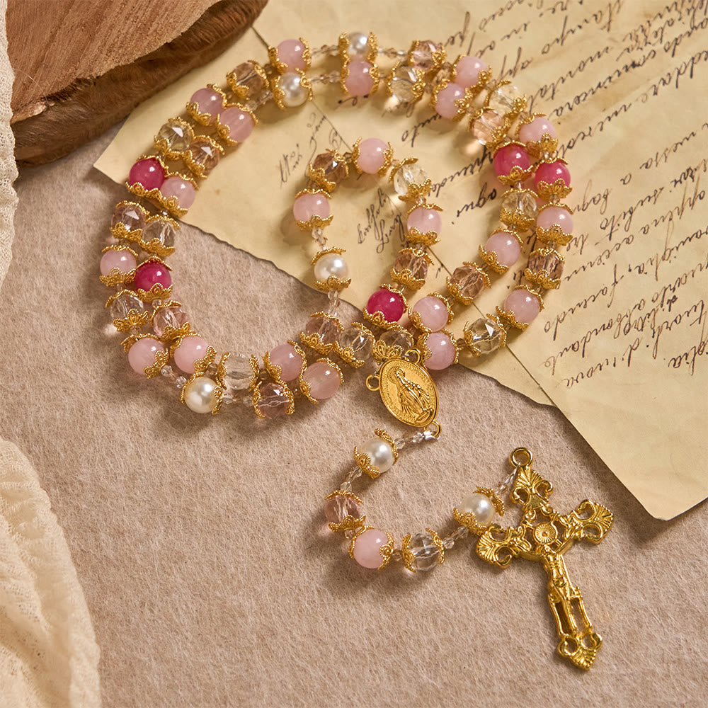 Pink-Tone Glass Devotion Rosary with Our Lady Medal & Crucifix: Sacred Love Woven in Elegant Craft