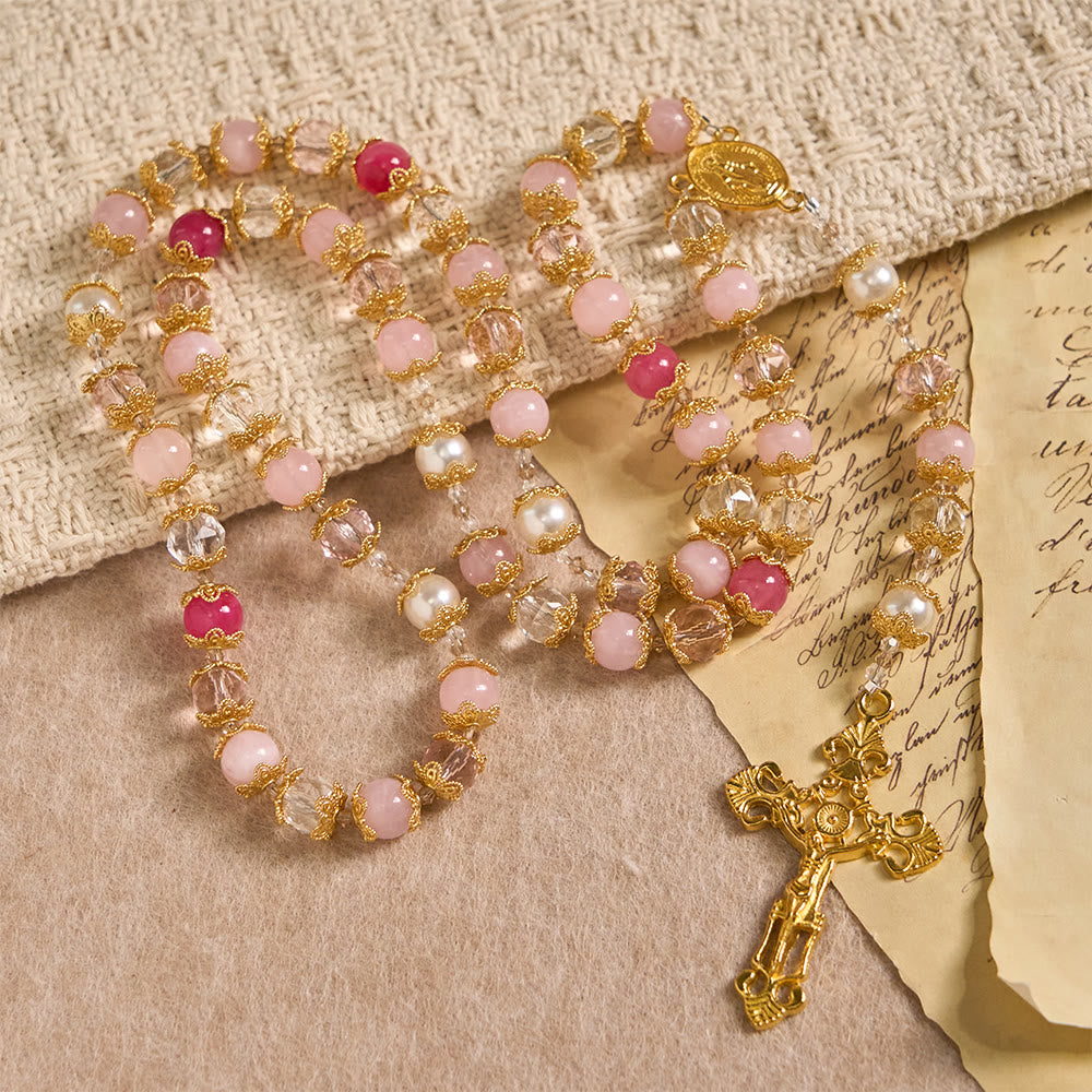 Pink-Tone Glass Devotion Rosary with Our Lady Medal & Crucifix: Sacred Love Woven in Elegant Craft