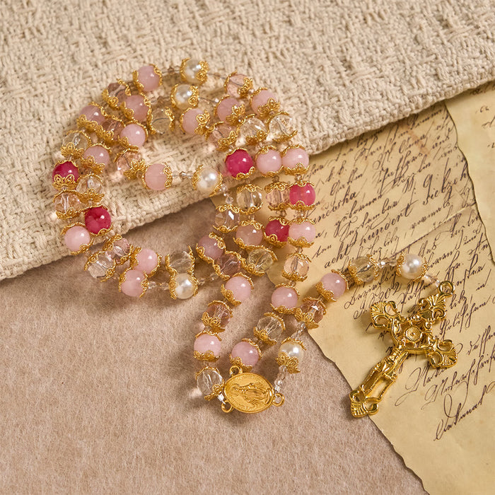 Pink-Tone Glass Devotion Rosary with Our Lady Medal & Crucifix: Sacred Love Woven in Elegant Craft