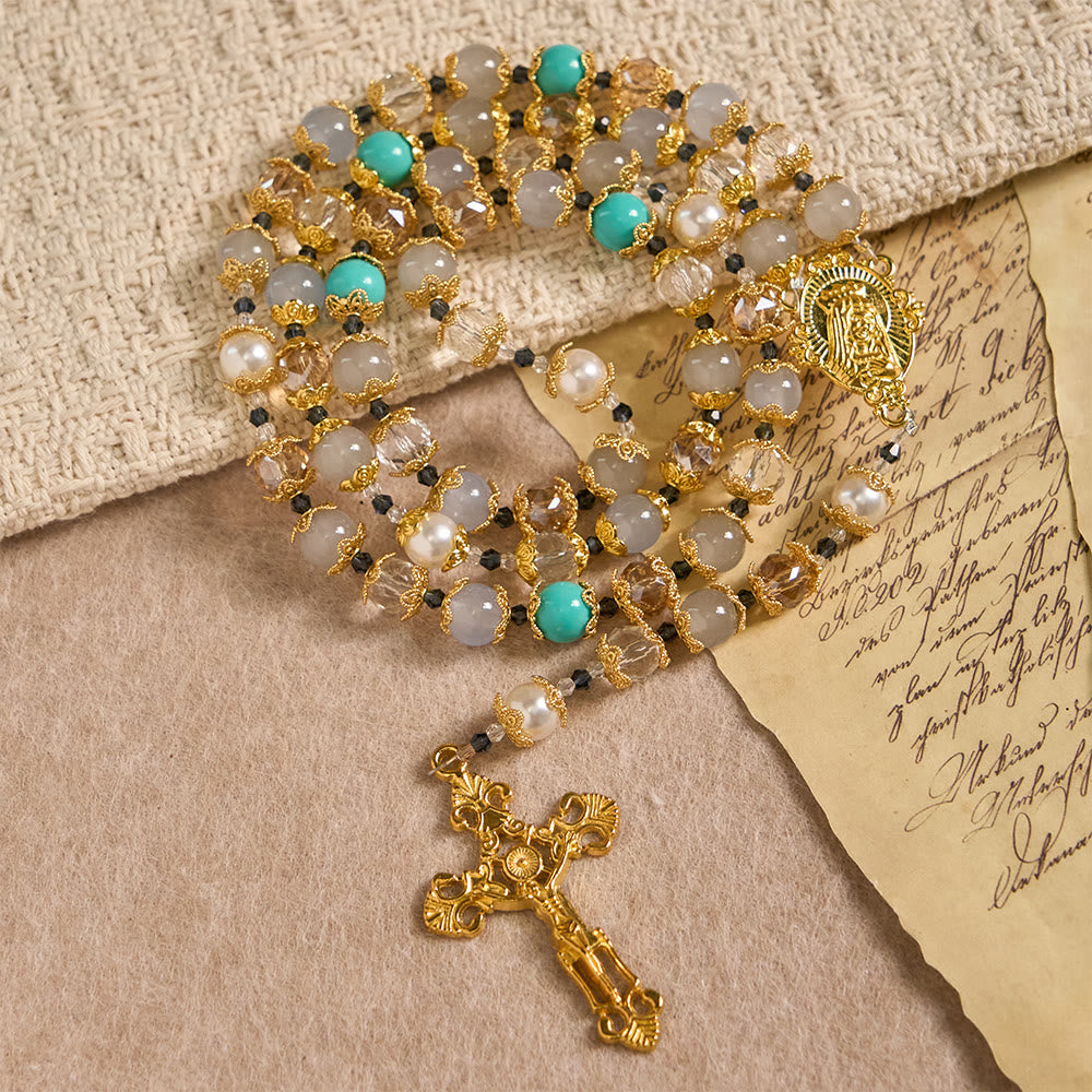 Blue-Tone Glass Bead Rosary with Our Lady Medal & Crucifix: A Symbol of Grace in Every Prayer