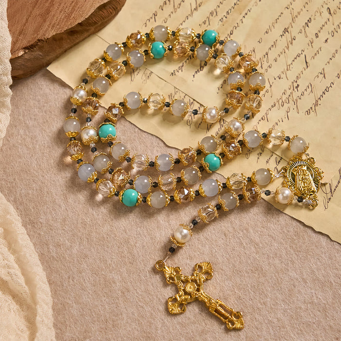 Blue-Tone Glass Bead Rosary with Our Lady Medal & Crucifix: A Symbol of Grace in Every Prayer