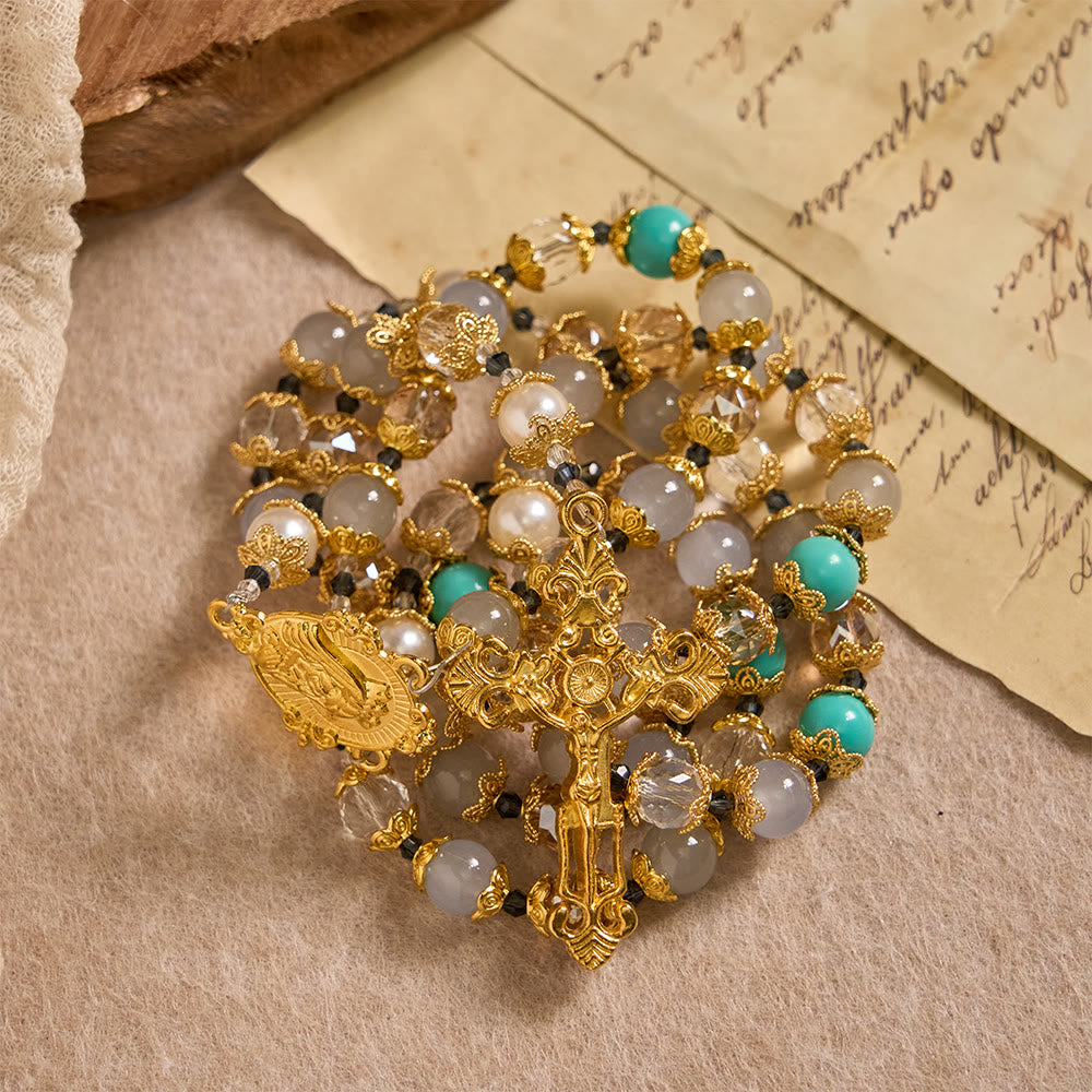 Blue-Tone Glass Bead Rosary with Our Lady Medal & Crucifix: A Symbol of Grace in Every Prayer