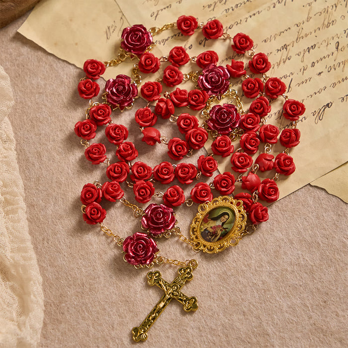Rose Resin Bead Devotional Rosary with Our Lady Medal & Crucifix: Carry Divine Light in Every Petal