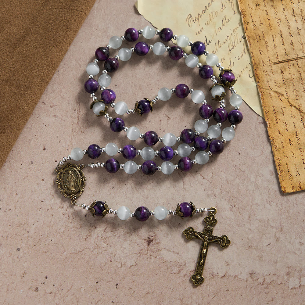 Cat's Eye Beaded Rosary with Mary Medal: A Symbol of Divine Guidance & Faith