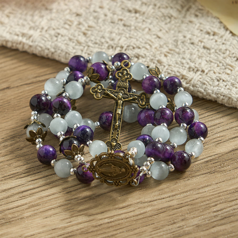 Cat's Eye Beaded Rosary with Mary Medal: A Symbol of Divine Guidance & Faith