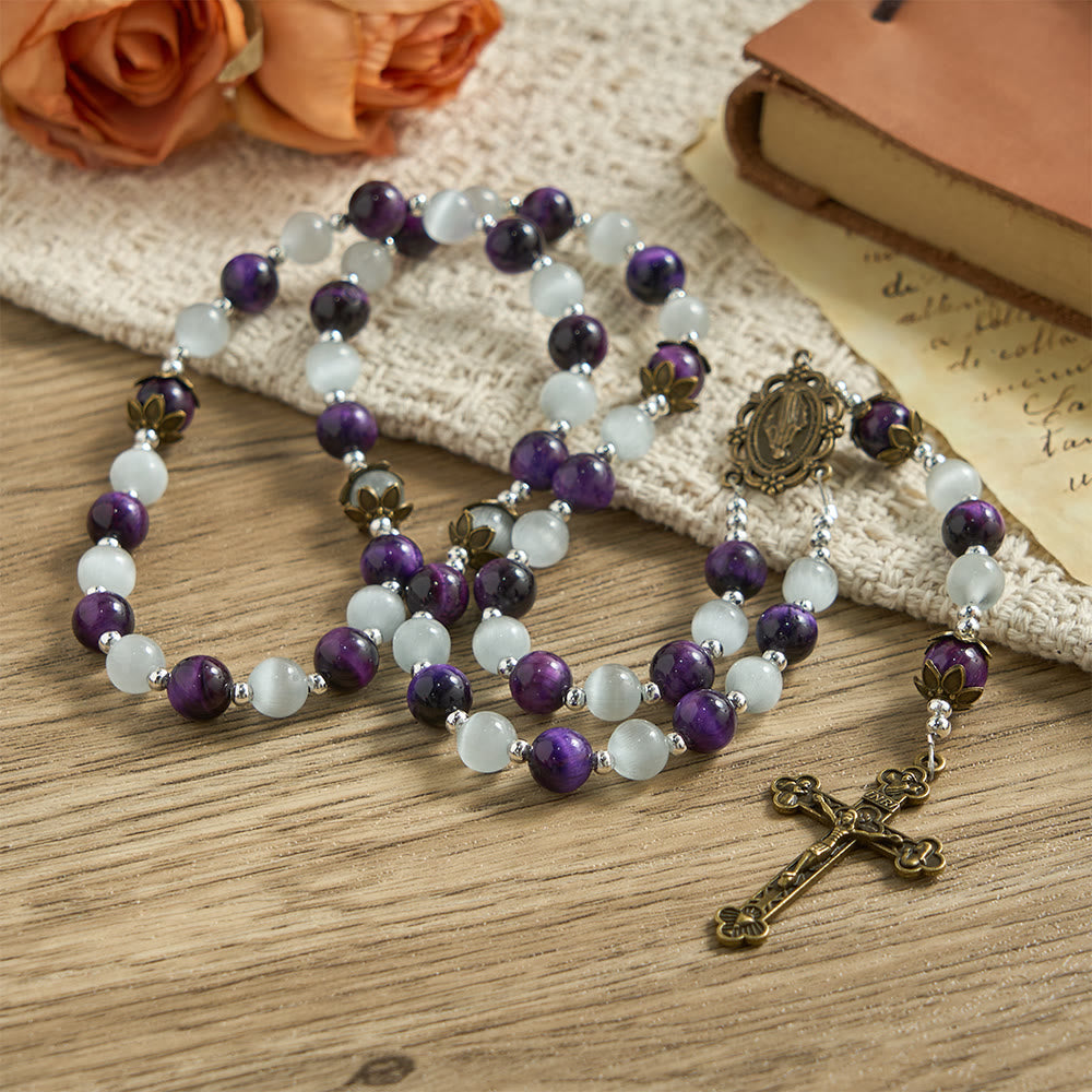 Cat's Eye Beaded Rosary with Mary Medal: A Symbol of Divine Guidance & Faith