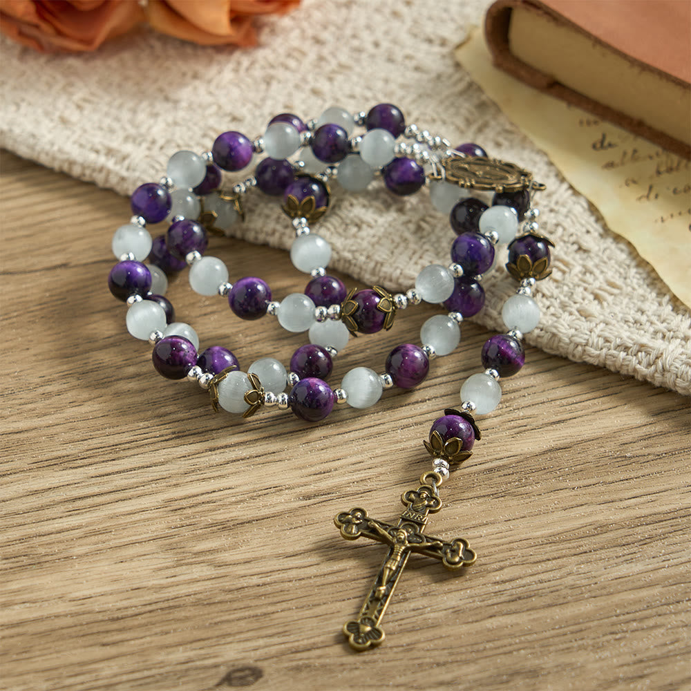 Cat's Eye Beaded Rosary with Mary Medal: A Symbol of Divine Guidance & Faith