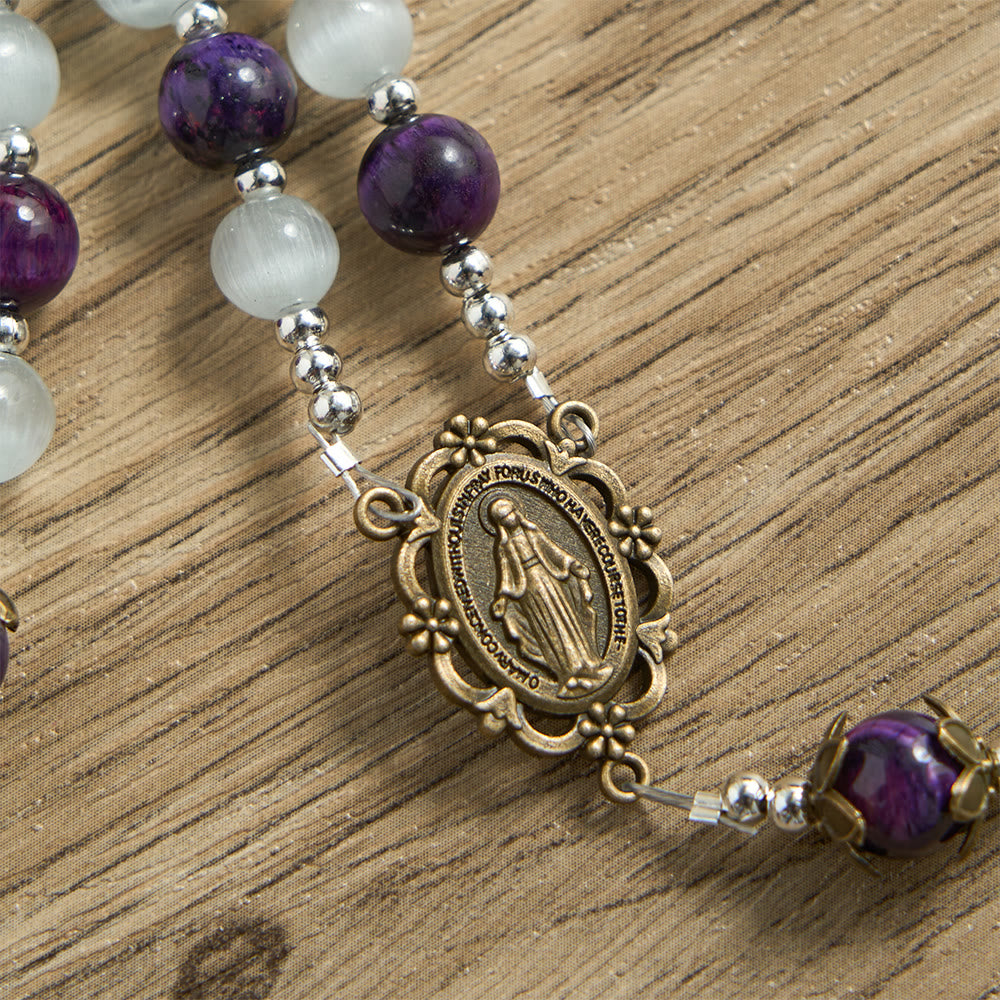 Cat's Eye Beaded Rosary with Mary Medal: A Symbol of Divine Guidance & Faith